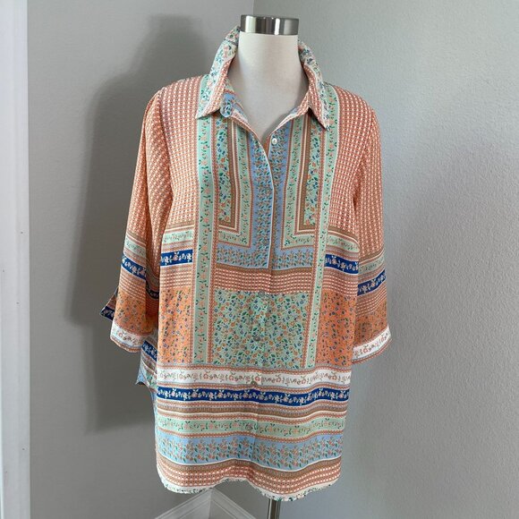Rose+Olive Womens Plus 1X Multicolor Floral Geometric Button Up Blouse Shirt - Picture 1 of 10